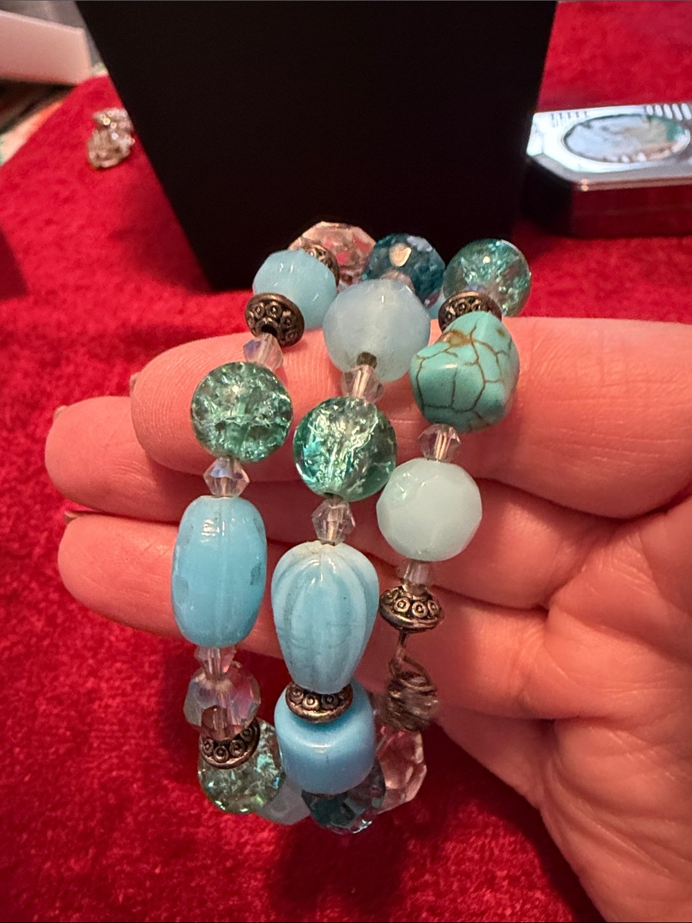 Glass stone Turquoise Blue Beaded wired wrap around Bracelet excellent condition